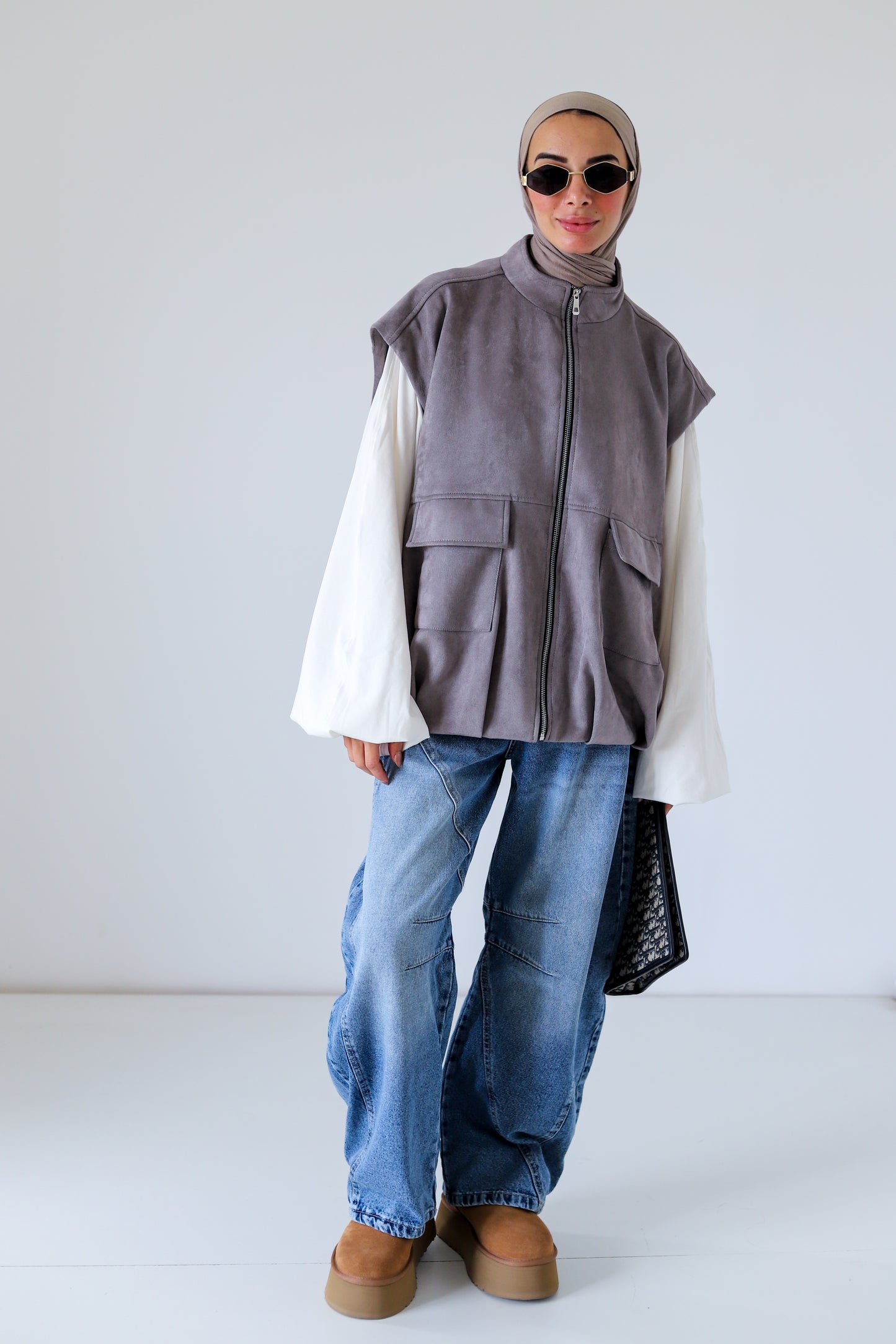 Bomber Pockets Suede Vest — Gray