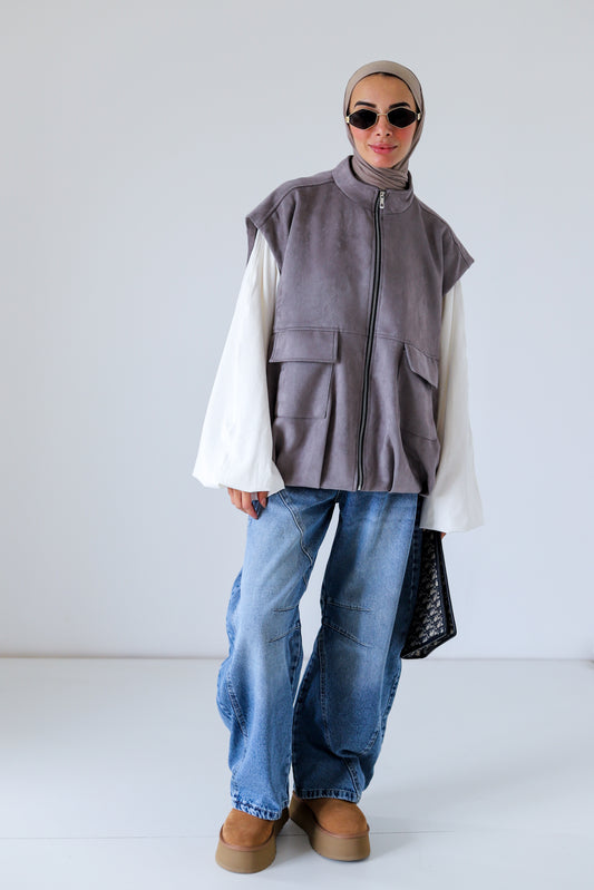 Bomber Pockets Suede Vest — Gray