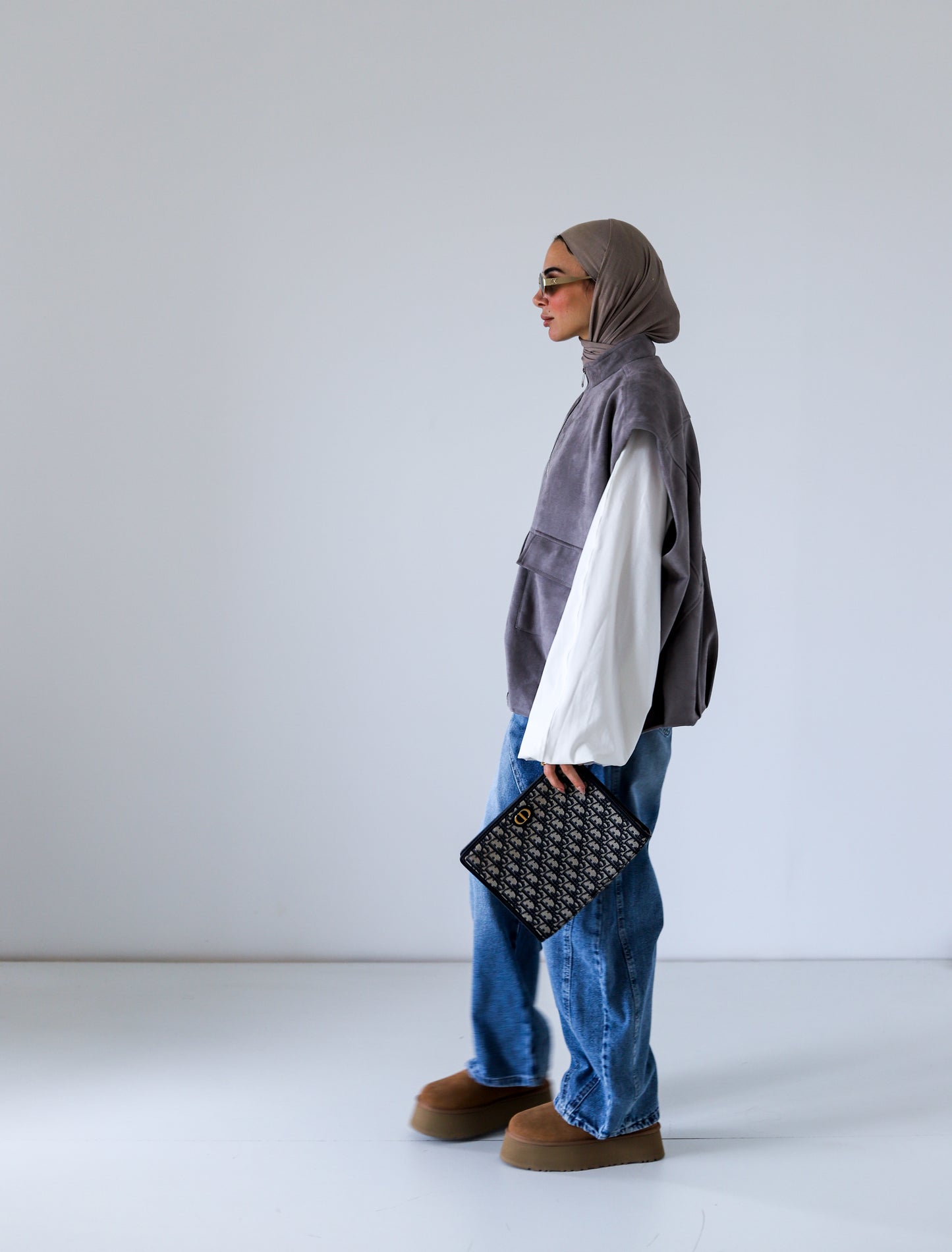 Bomber Pockets Suede Vest — Gray