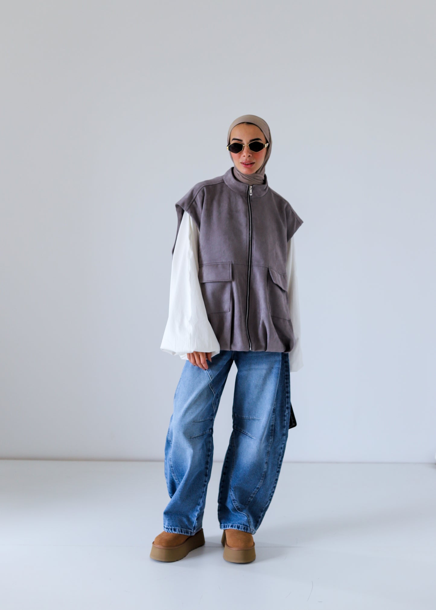 Bomber Pockets Suede Vest — Gray