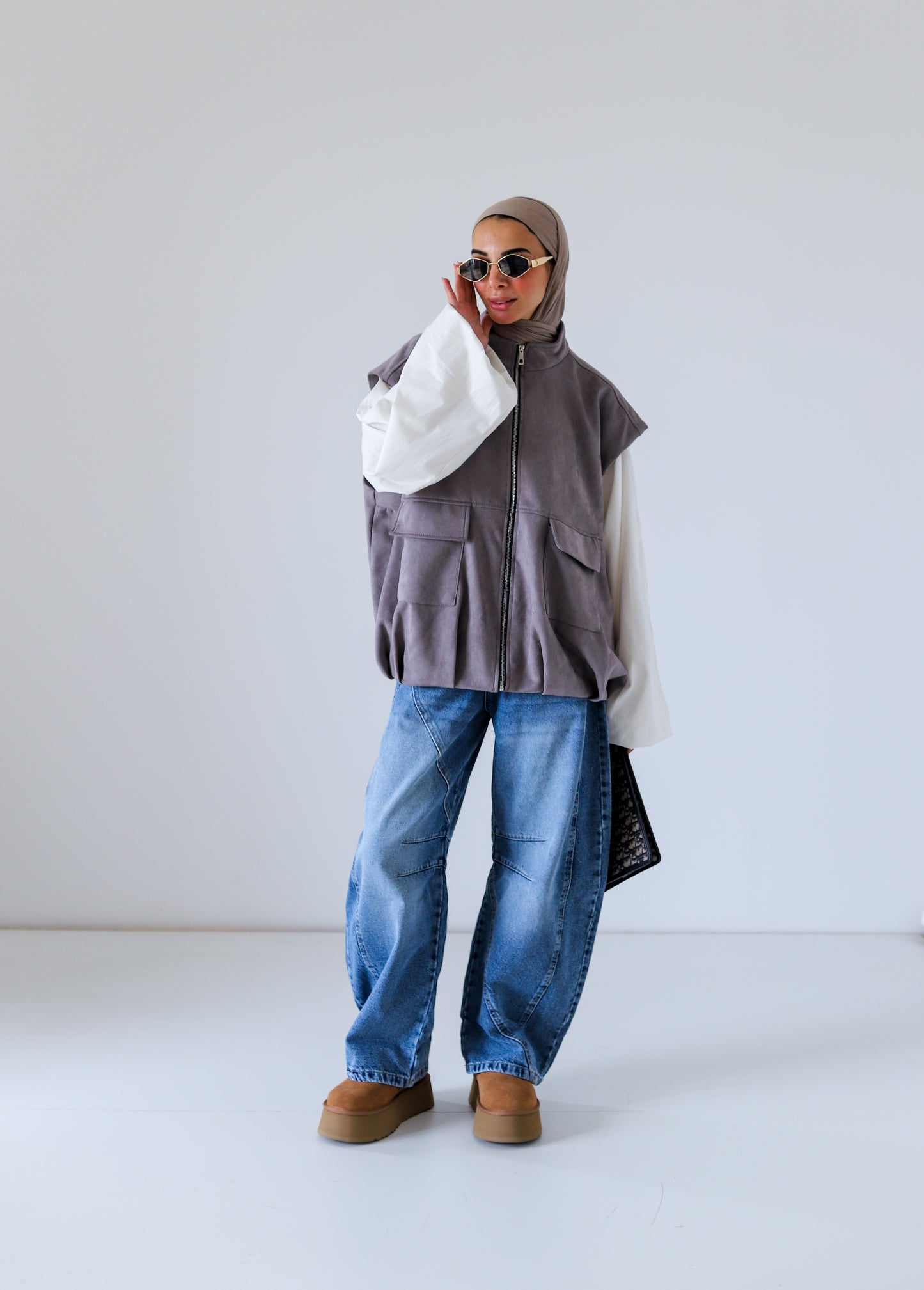 Bomber Pockets Suede Vest — Gray