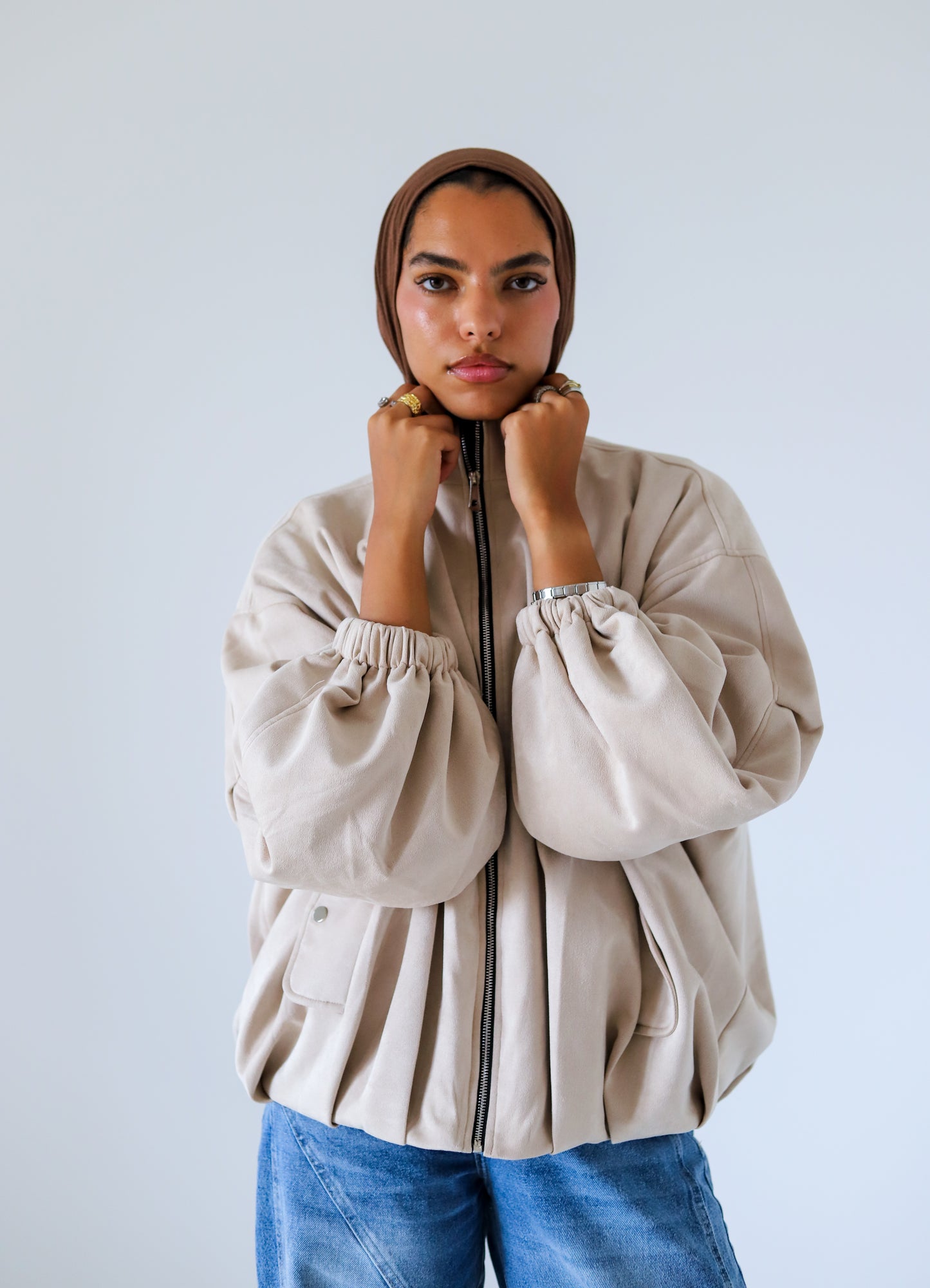 Bomber Suede Jacket — Pearl Beige