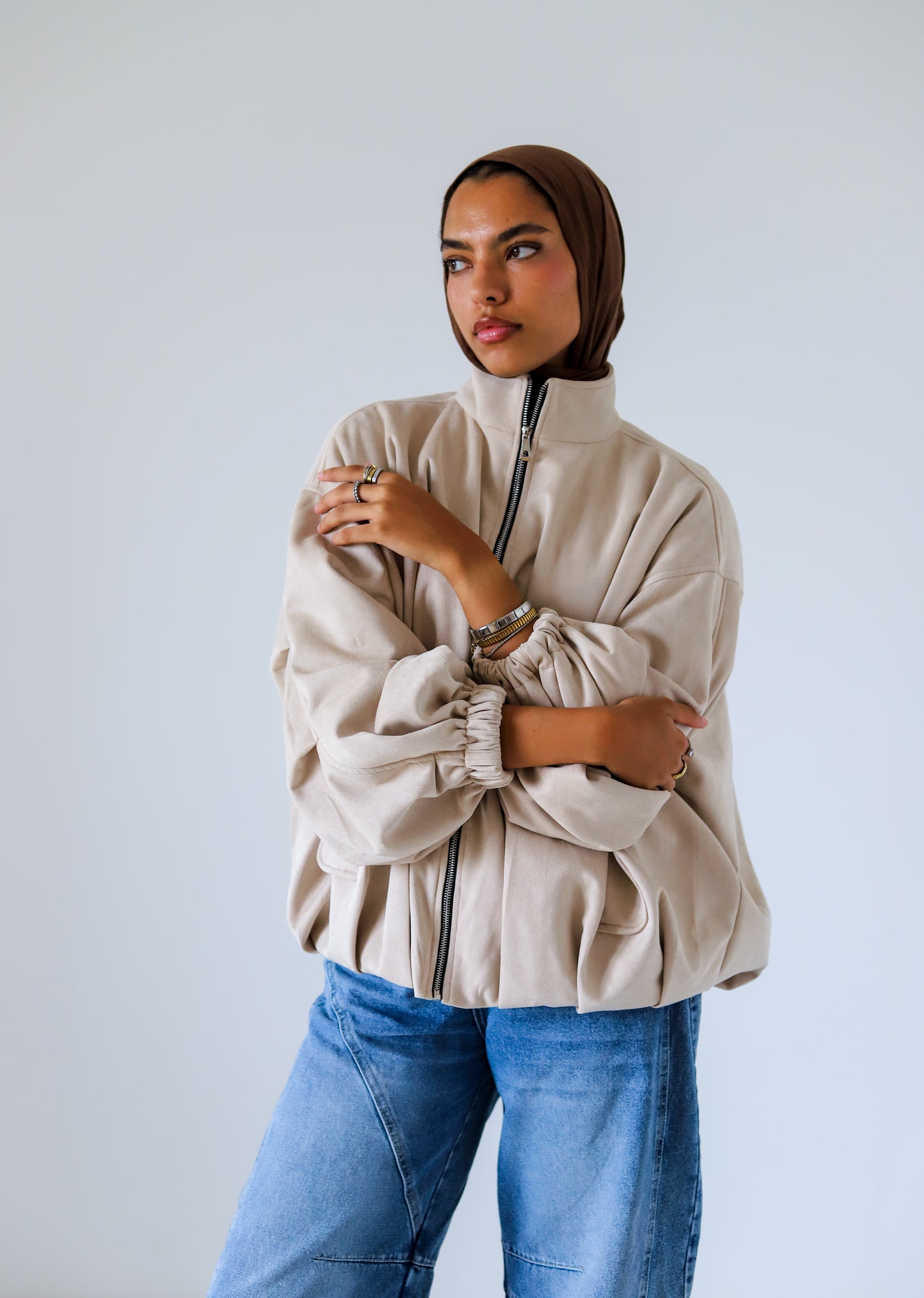 Bomber Suede Jacket — Pearl Beige