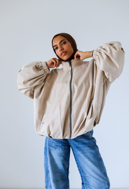 Bomber Suede Jacket — Pearl Beige