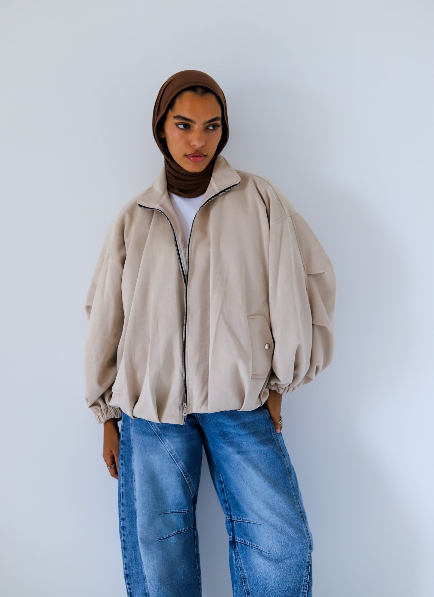 Bomber Suede Jacket — Pearl Beige