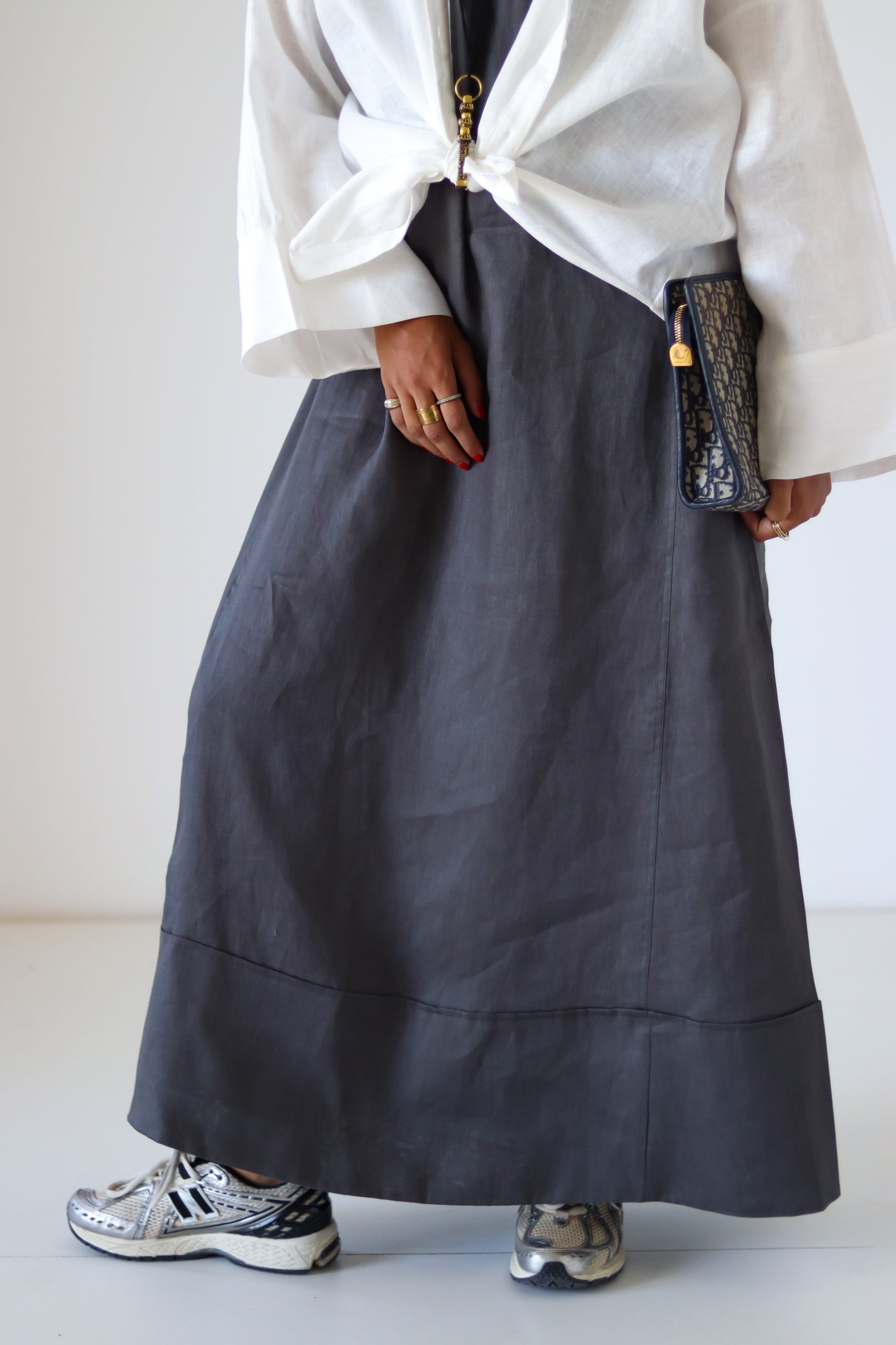 Folded Sleeveless 100% Linen Dress — Gray